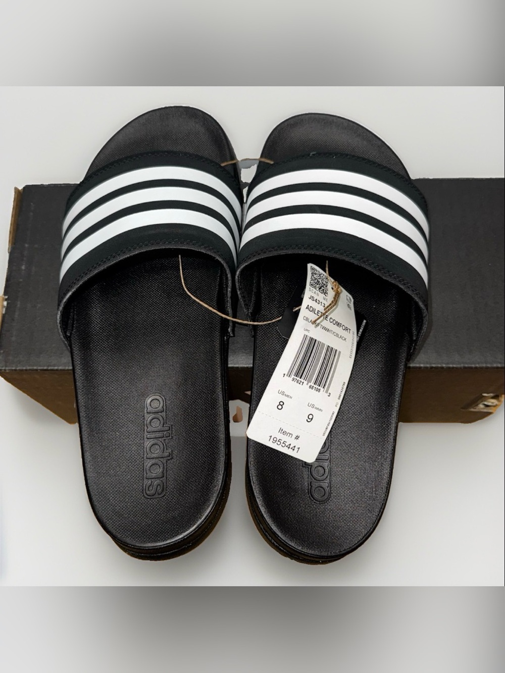 ADIDAS Adilette Comfort Unisex Black White Stripe Slides M 8, W 9 NWT - JS4313